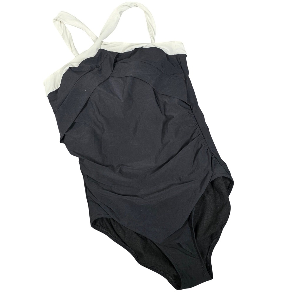 Lands' End One Piece Swimsuit Black White Ruched Surplice Classic Swimwear sz 12